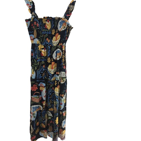 August Sky Black Fruit Breakfast Square Neck Ruched Midi Dress Small NWOT - Picture 1 of 12